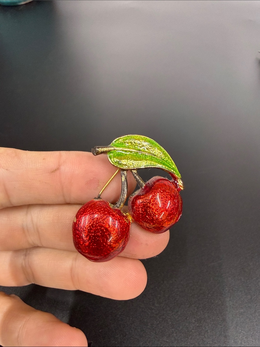 Red Cherry Enamel Brooch with Green Leaf Accent